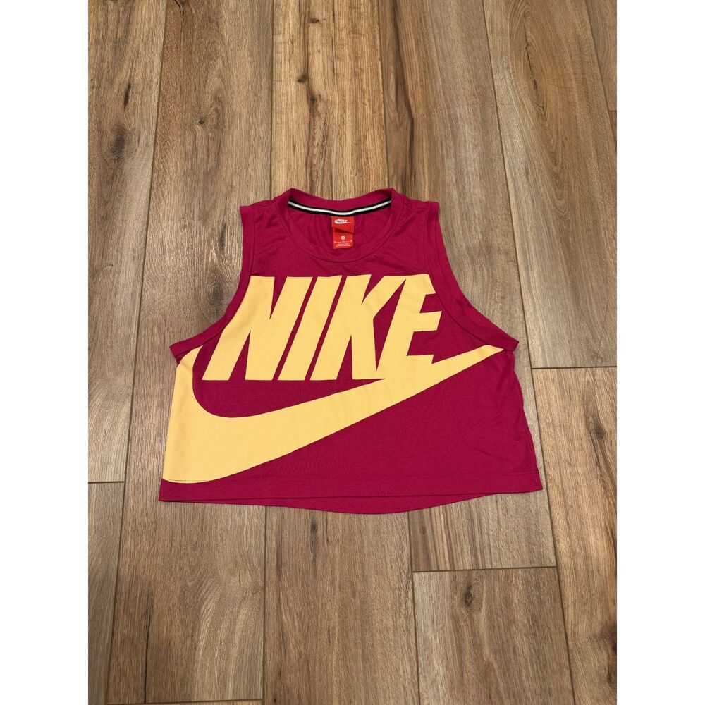 Nike Womens Cropped Tank Top Large Logo Swoosh Berry Pink Yellow Size M